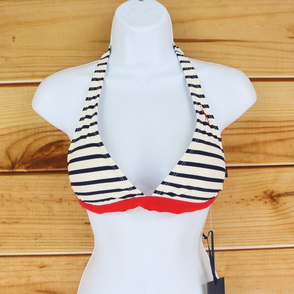 US Polo Assn. Bikini Halter Top Womens Size L Red White Blue Striped Padded $50